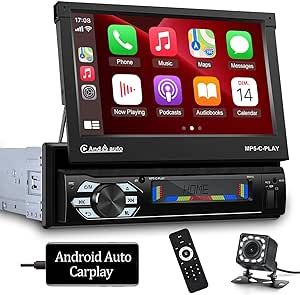 Single Din Apple Carplay Car Stereo 7 inch Flip Out Touchscreen Car Radio with Bluetooth | Android Auto | Phone Mirror Link | Steering Wheel Control | FM Radio | AUX