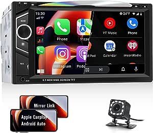 Double Din Car Stereo with CD/DVD Player Apple Carplay Android Auto, 6.2 '' Touchscreen Bluetooth Car Audio Receiver with Mirror Link, HiFi, EQ, Subwoofer, USB/AUX-in/TF, FM/AM Radio + Backup Camera
